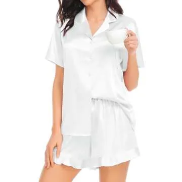 SWOMOG Women's Silk Satin Pajama Set Short Sleeve Ruffled Sleepwear Button Down Loungewear with Shorts Set White
