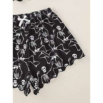 WDIRARA Women's Sleepwear Cartoon Skull Print Pajama Set Cami and Shorts Black Scallop L