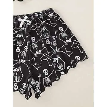 WDIRARA Women's Sleepwear Cartoon Skull Print Pajama Set Cami and Shorts Black Scallop L
