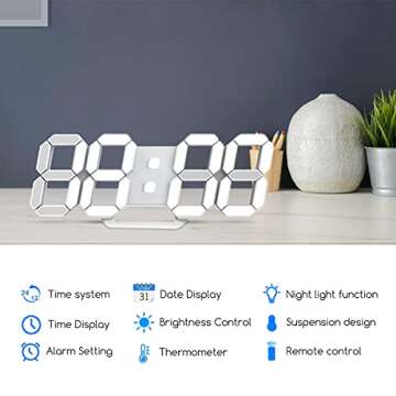 LED Digital Wall Clock, 3D Alarm Clock for Bedroom Living Room Classroom 12/24H/Date/Temperature Large Display Adjustable Brightness Snooze Night Light White 9.7 inch with Remote Control