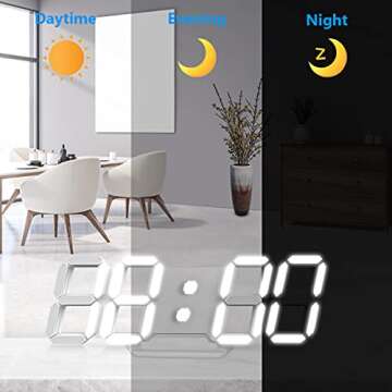 LED Digital Wall Clock, 3D Alarm Clock for Bedroom Living Room Classroom 12/24H/Date/Temperature Large Display Adjustable Brightness Snooze Night Light White 9.7 inch with Remote Control