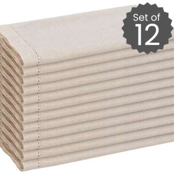 Cotton Clinic 12 Pack Hemstitched Cloth Dinner Napkins Oversized 20x20, Linen Cotton Fabric Tailored...