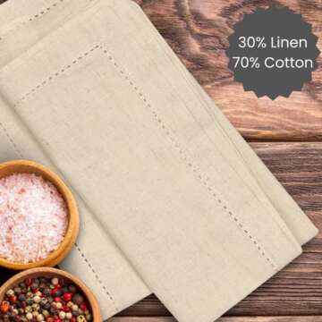 Cotton Clinic 12 Pack Hemstitched Cloth Dinner Napkins Oversized 20x20, Linen Cotton Fabric Tailored with Mitered Corner - Cocktail Napkins, Wedding Dinner Napkins Natural