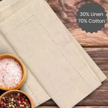 Cotton Clinic 12 Pack Hemstitched Cloth Dinner Napkins Oversized 20x20, Linen Cotton Fabric Tailored with Mitered Corner - Cocktail Napkins, Wedding Dinner Napkins Natural