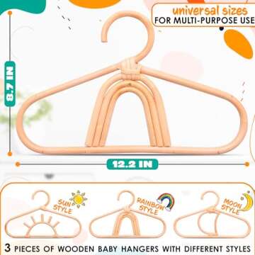 3Pcs Rattan Closet Hanger for Kids Clothes - Baby Clothes Organizer for Kids Hangers Bamboo Room Accessories for Kids Closet Hangers - Childrens Wood Hangers Small Closet Organizer Kids Garment Rack