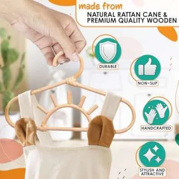 3Pcs Rattan Closet Hanger for Kids Clothes - Baby Clothes Organizer for Kids Hangers Bamboo Room Accessories for Kids Closet Hangers - Childrens Wood Hangers Small Closet Organizer Kids Garment Rack