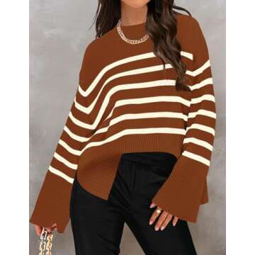 ZESICA Women's Fall Winter Striped Long Sleeve Crew Neck Ribbed Knit Side Slit Oversized Pullover Sw...