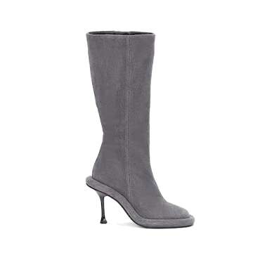 Goolita Stiletto Heel Denim Boots For Women, Round Toe Side Zipper Elastic Knee High Boots Sexy Dres...