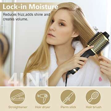 One-Step Hair Dryer and Volumizer with Ionic Ceramic Brush - 2-in-1 Styling Tool for Drying and Volumizing Hair (Gold)