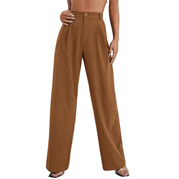 SweatyRocks Women's Casual Wide Leg High Waisted Button Down Straight Long Trousers Pants Solid Brow...