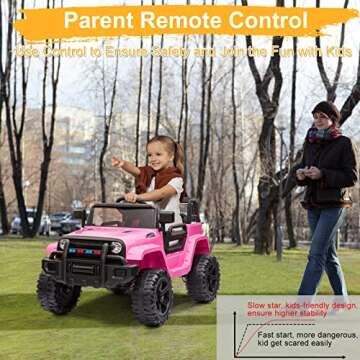 VALUE BOX Kids Ride On Truck 2.4G Remote Control, Kids Electric Ride-on Car 12V Battery Motorized Vehicles Age 3-5 w/ 3 Speeds, Spring Suspension, LED Lights, Horn, Music Player, Seat Belts (Pink)