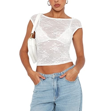 Women Floral Lace Backless Top Y2K Crop Top Sheer See Through Short Sleeve Open Back T Shirts Sexy G...