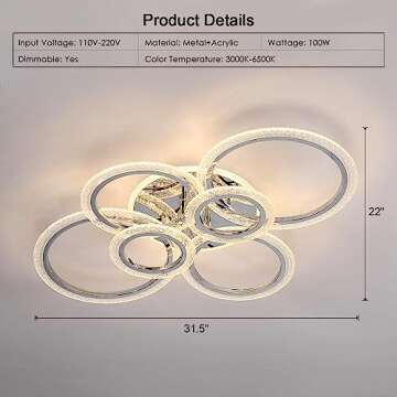 6-Rings LED Ceiling Light Dimmable with Remote Control