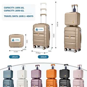 Somago 20" Carry On Luggage and 14" Mini Cosmetic Cases Travel Set Lightweight Polypropylene Suitcas...