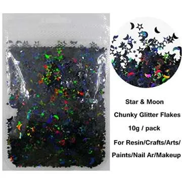 LoveOurHome 6 Colors Star Moon Chunky Glitter Flakes Resin Epoxy Accessories Holographic Black Blue Stars Glitters Confetti Crafts Sequins Decor for Nail Art/Slime/Makeup/Jewelry Making