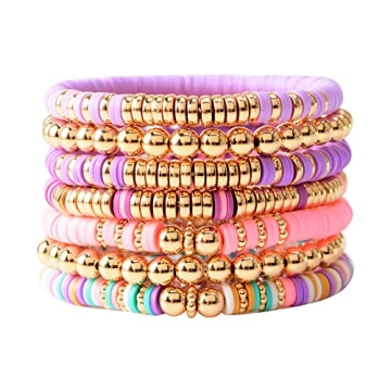 GOOJIDS Surfer Heishi Clay Bead Bracelets - 7pcs Bohemian Set