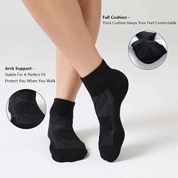 CelerSport 6 Pack Women's Ankle Socks with Cushion, Sport Athletic Running Socks, 6 Pair Black, Medium