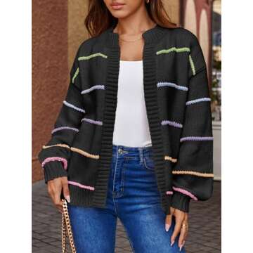 Saodimallsu Womens Color Block Cardigan Sweater Striped Open Front 2024 Fall Chunky Trendy Knit Loose Sweater Coats Black