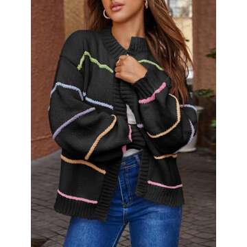 Saodimallsu Womens Color Block Cardigan Sweater Striped Open Front 2024 Fall Chunky Trendy Knit Loose Sweater Coats Black