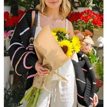 Saodimallsu Womens Color Block Cardigan Sweater Striped Open Front 2024 Fall Chunky Trendy Knit Loose Sweater Coats Black