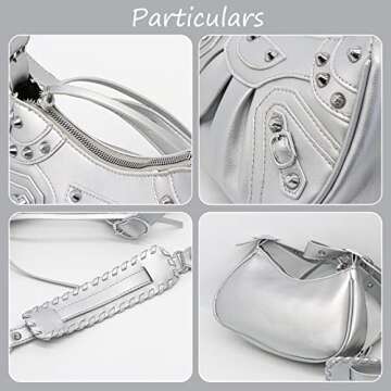 SIWWBW Women Hobo Bags Punk Style Rivet Satchel Handbags PU Leather Shoulder Purses with Half Moon Underarm Bags Women Purses (Silver)