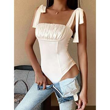 Hilinker Women's Square Neck Sleeveless Bodysuit Tie Shoulder Ruched Leotard White Small