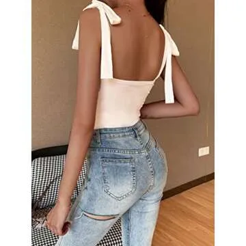 Hilinker Women's Square Neck Sleeveless Bodysuit Tie Shoulder Ruched Leotard White Small