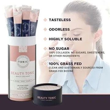 Beauty Tonic Beauty Collagen Powder Supplement - 20 Single-Serving Sticks, Unflavored, Non-GMO, Collagen Type I and III, Made in The USA