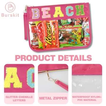 Burskit Beach Bag, Sunscreen Bag, Chenille Letter Clear Zipper Pouch for Travel Preppy Patch Makeup ...