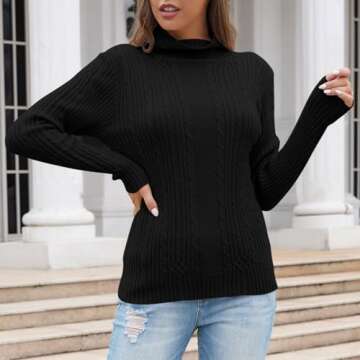 Pink Queen Women's Cable Knitted Turtleneck Casual Pullover Sweaters Black L