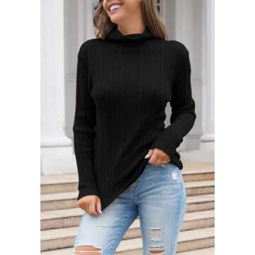 Pink Queen Women's Cable Knitted Turtleneck Casual Pullover Sweaters Black L