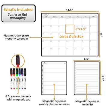 JJPRO Magnetic Monthly Calendar Whiteboard Set for Fridge-Monthly Planning Board and Two Bonus Dry E...