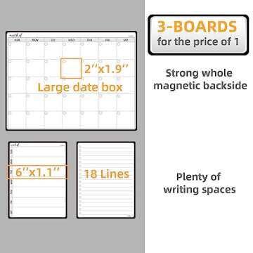JJPRO Magnetic Monthly Calendar Whiteboard Set for Fridge-Monthly Planning Board and Two Bonus Dry Erase Grocery Board&Weekly Menu Board-Meal Planner Whiteboard/To-Do List-6 Markers