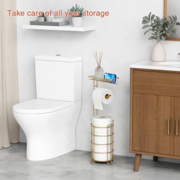 Goozii Gold Free Standing Toilet Paper Holder Stand with Phone Shelf, Floor Bathroom Tissue Holder for Large Mega Rolls, Metal Freestanding Toilet Paper Roll Holder with Wipes Storage Tray