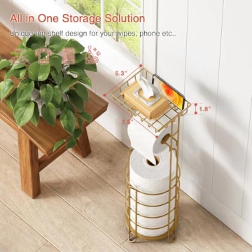 Goozii Gold Free Standing Toilet Paper Holder Stand with Phone Shelf, Floor Bathroom Tissue Holder for Large Mega Rolls, Metal Freestanding Toilet Paper Roll Holder with Wipes Storage Tray