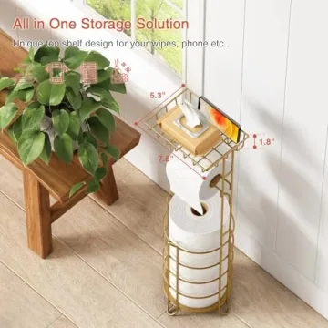 Goozii Gold Free Standing Toilet Paper Holder Stand with Phone Shelf, Floor Bathroom Tissue Holder for Large Mega Rolls, Metal Freestanding Toilet Paper Roll Holder with Wipes Storage Tray