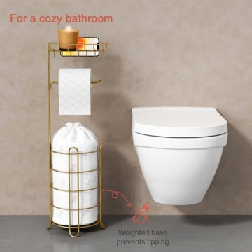 Goozii Gold Free Standing Toilet Paper Holder Stand with Phone Shelf, Floor Bathroom Tissue Holder for Large Mega Rolls, Metal Freestanding Toilet Paper Roll Holder with Wipes Storage Tray