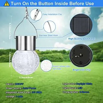 12Pack Outdoor Hanging Solar Lights - Solar Powered Crackle Glass Ball Lights Waterproof Tree Hanging Outdoor Globe Lights with Hook for Garden Balcony Patio Christmas Party Decoration, Daylight White