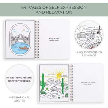 Beautiful Adult Coloring Book Set of 2 for Relaxation - Inspirational Adventures and Landmarks Scenery For the Spirit of Wanderlust - Perfect Stress-Relieving Gift for Women