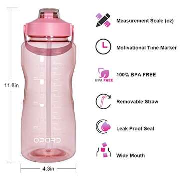 Opard 64 oz Water Bottle with Time Markers & Straw for Fitness - BPA Free, Pink