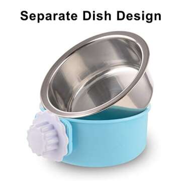 Crate Dog Bowl Removable Stainless Steel Water Food Feeder Bowls Cage Coop Cup for Cat Puppy Bird Pets (Small, Blue)