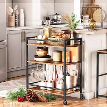 HOOBRO Bar Cart for The Home, Serving Cart with Wine Glass Hooks, Rolling Kitchen Cart with Lockable...