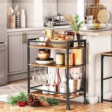 HOOBRO Bar Cart for The Home, Serving Cart with Wine Glass Hooks, Rolling Kitchen Cart with Lockable...