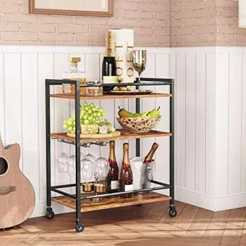 HOOBRO Bar Cart for The Home, Serving Cart with Wine Glass Hooks, Rolling Kitchen Cart with Lockable Wheels, 25.2 x 15.7 x 33.3 Inches Beverage Cart with Storage Shelves, Rustic Brown BF02TC01