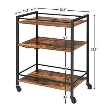 HOOBRO Bar Cart for The Home, Serving Cart with Wine Glass Hooks, Rolling Kitchen Cart with Lockable Wheels, 25.2 x 15.7 x 33.3 Inches Beverage Cart with Storage Shelves, Rustic Brown BF02TC01