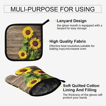 Vintage Sunflowers Spring Oven Mitts & Pot Holders Summer Floral Oven Gloves Hot Pads Kitchen Heat Resistant Non-Slip Potholders Set for Cooking Baking BBQ