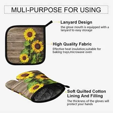 Vintage Sunflowers Spring Oven Mitts & Pot Holders Summer Floral Oven Gloves Hot Pads Kitchen Heat Resistant Non-Slip Potholders Set for Cooking Baking BBQ