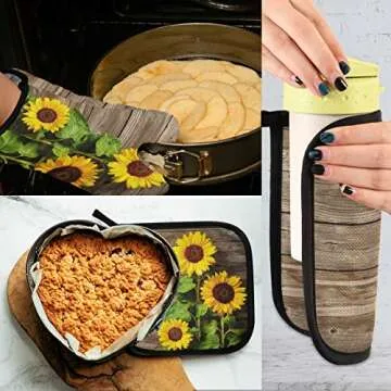 Vintage Sunflowers Spring Oven Mitts & Pot Holders Summer Floral Oven Gloves Hot Pads Kitchen Heat Resistant Non-Slip Potholders Set for Cooking Baking BBQ