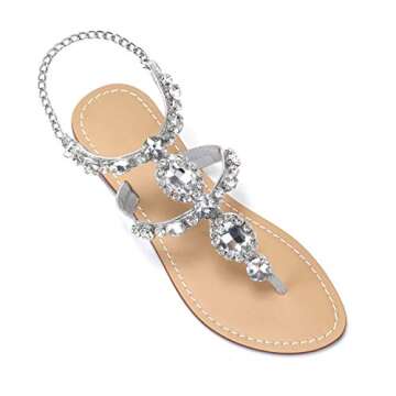 ZhuLinFeng Women's Rhinestone Gladiator Sandals Flat Beach Wedding Shoes Flip-flops Gemstone Pearl Sparkling Bride Bridesmaid Silver&Gold Size 7.5
