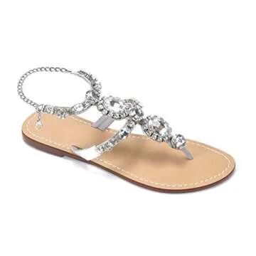 ZhuLinFeng Women's Rhinestone Gladiator Sandals Flat Beach Wedding Shoes Flip-flops Gemstone Pearl Sparkling Bride Bridesmaid Silver&Gold Size 7.5